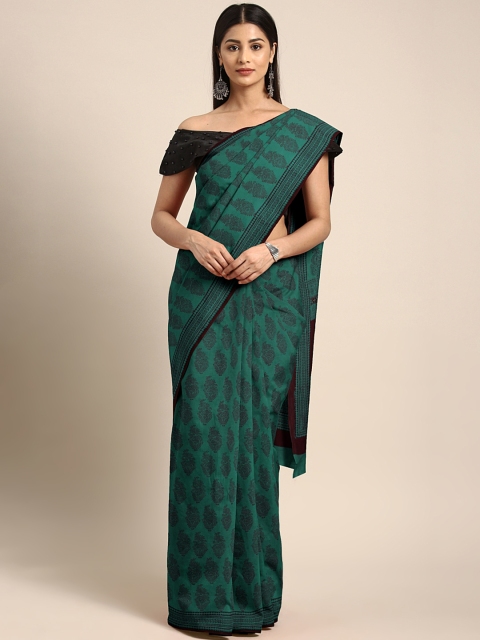 

Kalakari India Green & Coffee Brown Handblock Print Bagh Saree