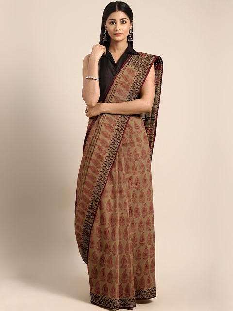 

Kalakari India Mustard Brown & Maroon Pure Cotton Handblock Print Bagh Saree