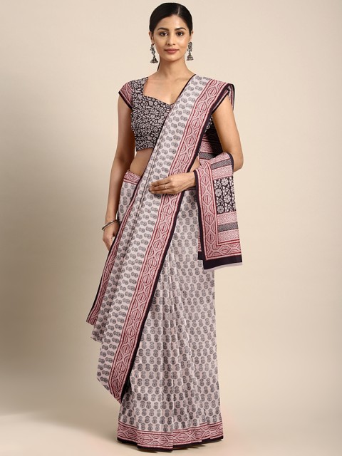 

Kalakari India Off-White & Black Handblock Print Bagh Sustainable Saree