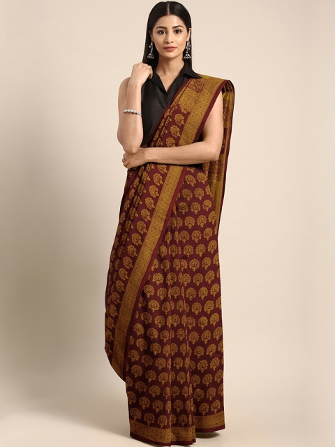 

Kalakari India Brown & Mustard Yellow Printed Bagh Saree