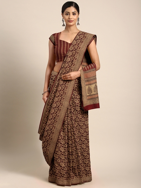 

Kalakari India Brown & Maroon Pure Cotton Handblock Print Bagh Saree