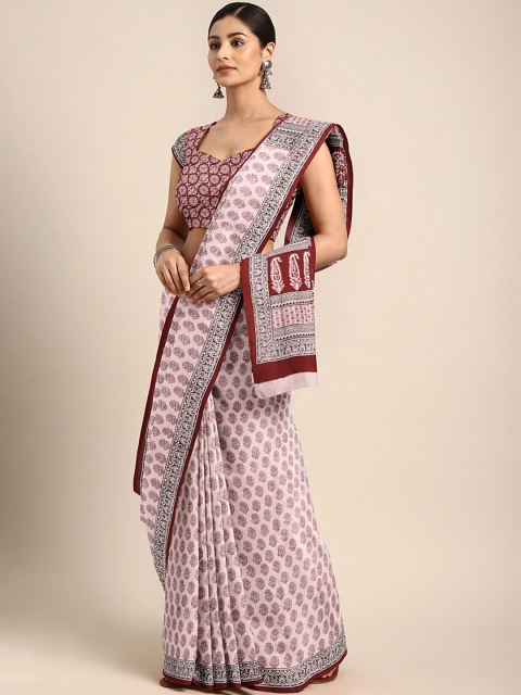

Kalakari India Off-White & Maroon Printed Bagh Handloom Saree