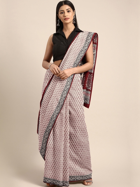 

Kalakari India Off-White & Maroon Printed Bagh Handloom Sustainable Saree