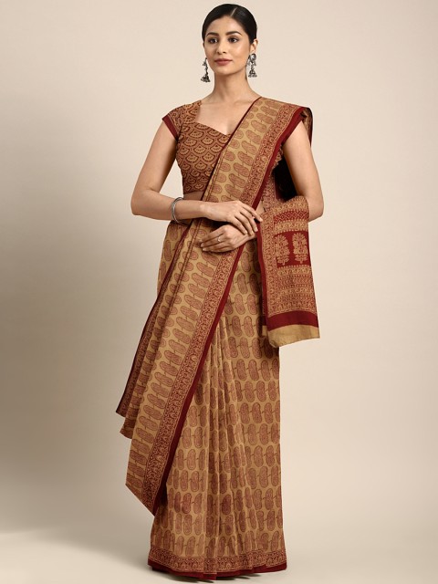 

Kalakari India Brown & Maroon Handblock Print Bagh Saree