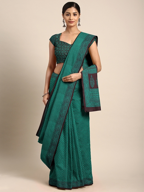

Kalakari India Green & Black Pure Cotton Handblock Print Bagh Saree
