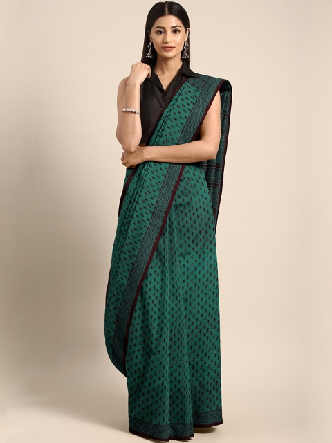 

Kalakari India Green & Coffee Brown Handblock Print Bagh Saree