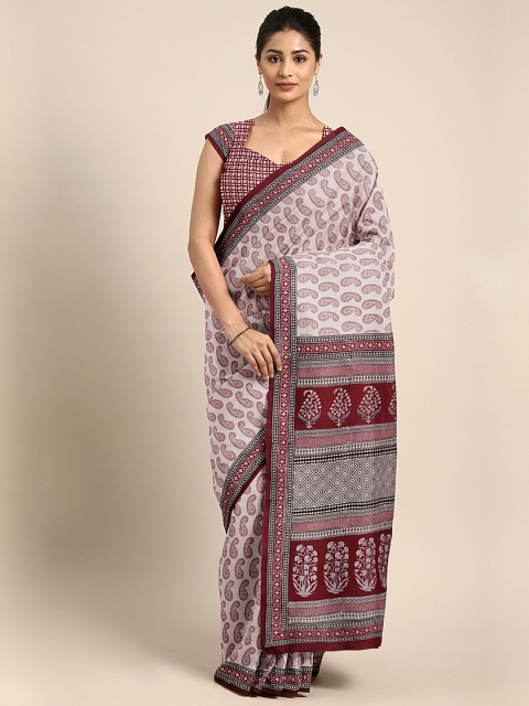 

Kalakari India Off-White & Maroon Pure Cotton Handblock Print Bagh Saree