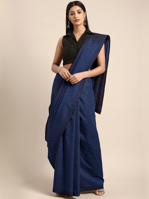 

Kalakari India Navy Blue & Coffee Brown Handblock Print Bagh Saree