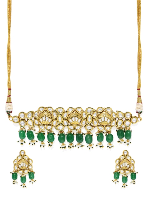 

AccessHer Gold-Plated Vilandi Kundan and Emerald-Studded Handcrafted Jadua Chocker Set