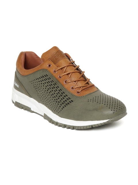 

Duke Men Olive Green & Tan Brown Colourblocked Cut-Work Sneakers