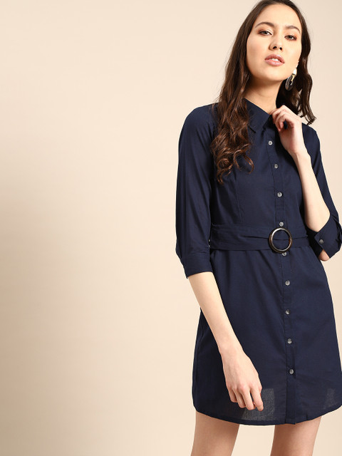

AKS Couture Women Navy Blue Solid Shirt Dress