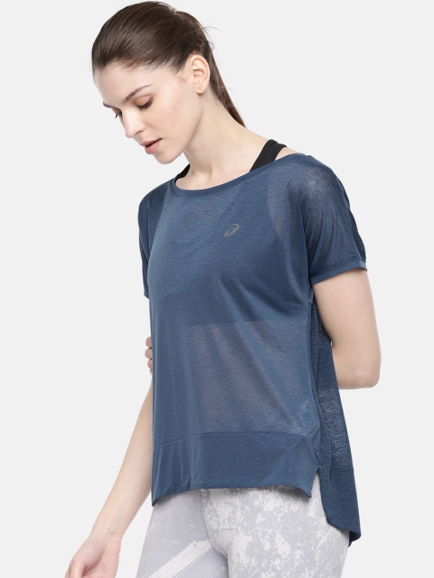 

ASICS Women Blue Solid High-Low Round Neck Sheer T-shirt