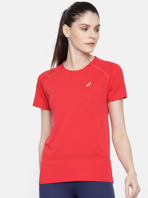 

ASICS Women Red Self Design Round Neck Running T-shirt