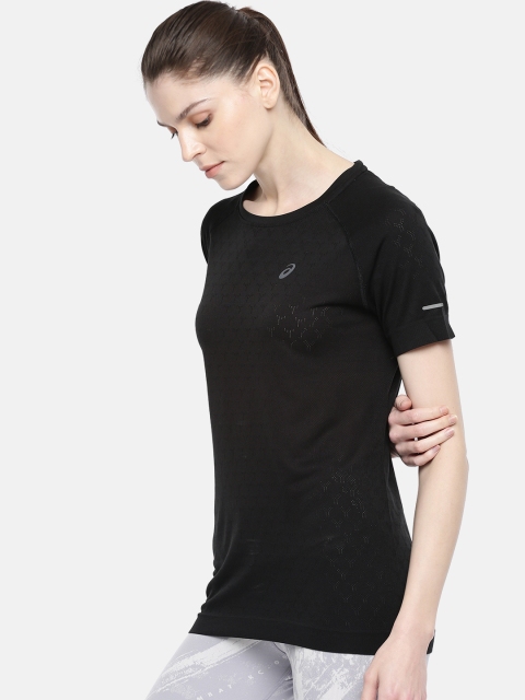 

ASICS Women Black Self Design Round Neck T-shirt