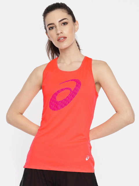 

ASICS Women Coral Orange Printed Round Neck Racerback Tank Top