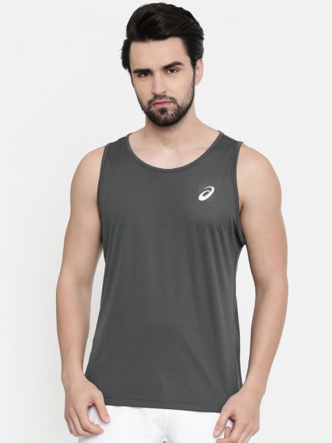 

ASICS Men Charcoal Grey Self Design Round Neck Silver Singlet Sleeveless T-shirt