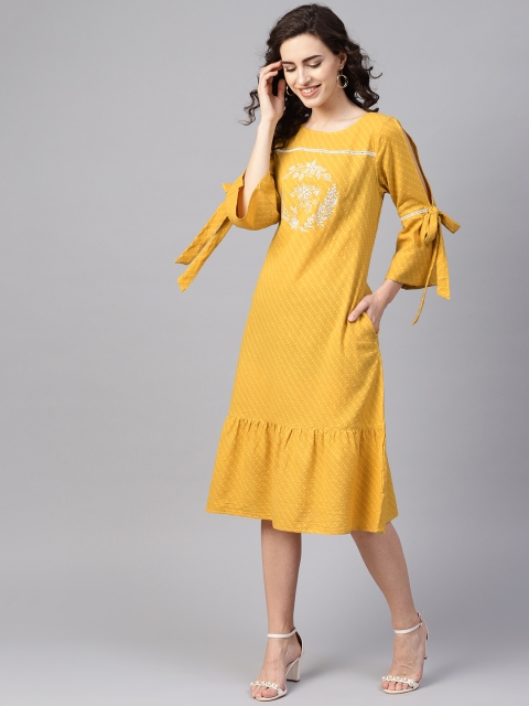 

Jaipur Kurti Women Mustard Yellow Self-Design A-Line Dress