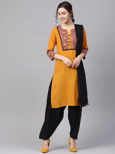 

Jaipur Kurti Women Mustard Yellow & Black Yoke Design Kurta with Salwar & Dupatta