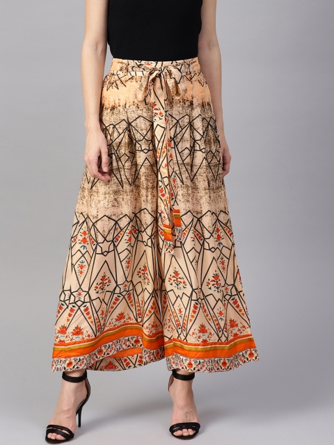 

Jaipur Kurti Women Peach-Coloured & Olive Green Printed Flared Palazzos