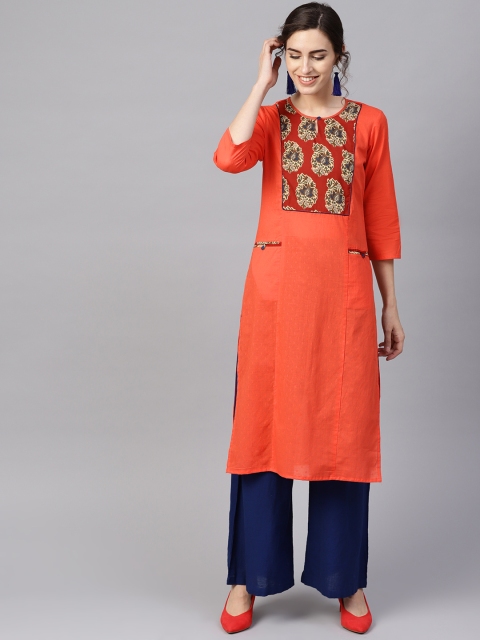 

Jaipur Kurti Women Orange & Maroon Yoke Design Straight Kurta