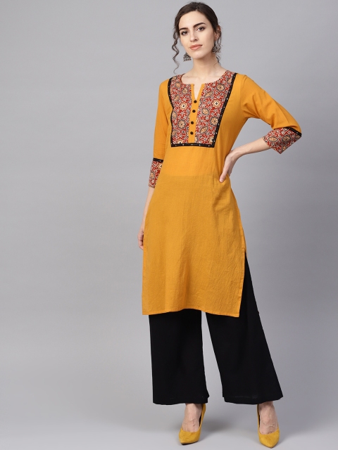 

Jaipur Kurti Women Mustard Yellow & Rust Red Yoke Design Straight Kurta