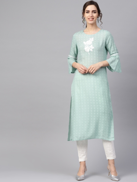

Jaipur Kurti Women Sea Green & White Self Design Kurta with Trousers
