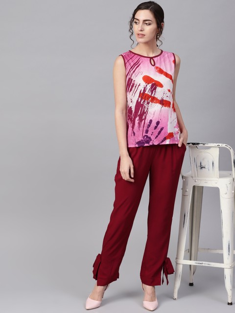 

Jaipur Kurti Women Pink & Maroon Printed Top with Trousers