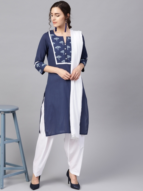 

Jaipur Kurti Women Navy Blue & White Yoke Design Kurta with Salwar & Dupatta