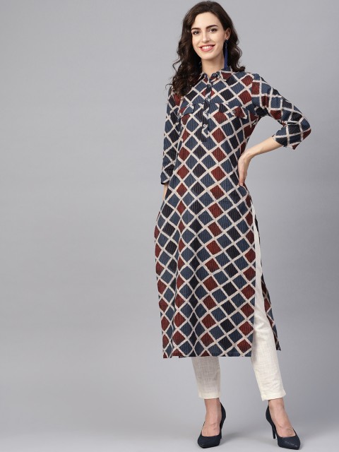 

Jaipur Kurti Women Navy Blue & Cream-Coloured Printed Kurta with Trousers