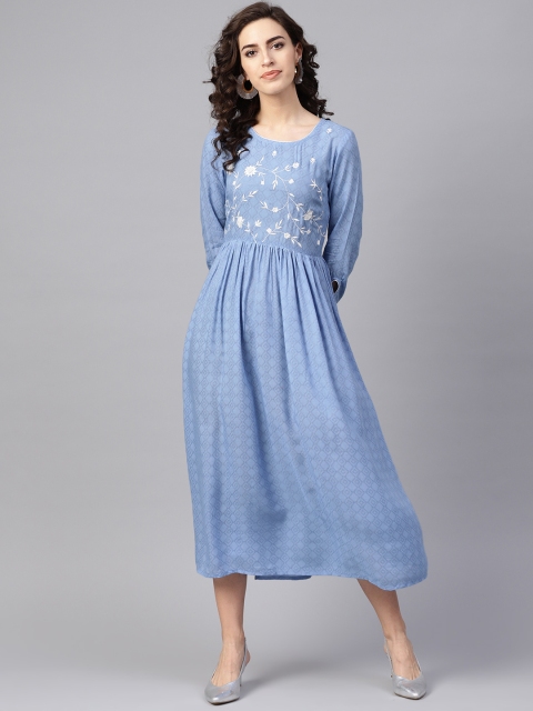 

Jaipur Kurti Women Blue Self-Design A-Line Dress