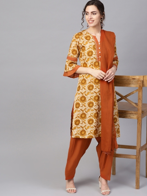 

Jaipur Kurti Women Beige & Rust Orange Printed Kurta with Salwar & Dupatta