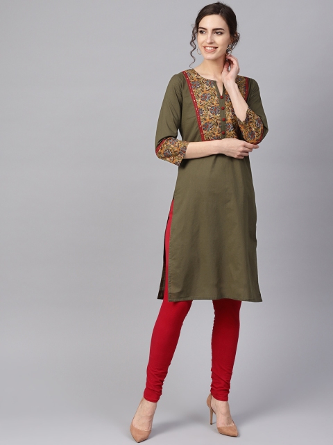 

Jaipur Kurti Women Olive Green & Mustard Brown Yoke Design Straight Kurta