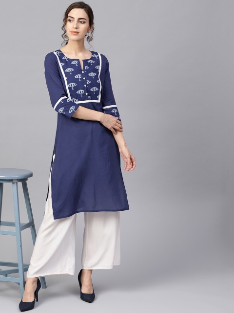 

Jaipur Kurti Women Navy Blue Quirky Yoke Design Straight Kurta