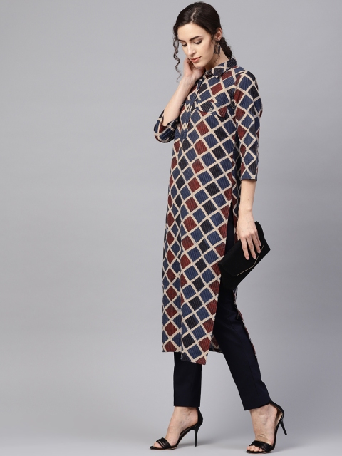 

Jaipur Kurti Women Navy Blue & Beige Printed Straight Kurta