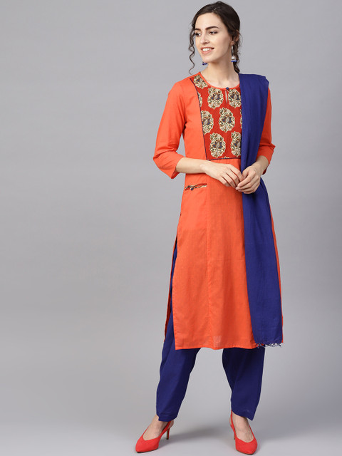 

Jaipur Kurti Women Coral Orange & Blue Self Design Kurta with Salwar & Dupatta