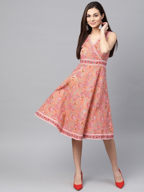 

AKS Women Pink & Blue Printed Fit & Flare Dress