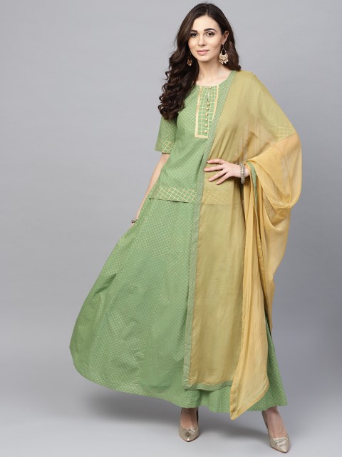 

AKS Women Green & Gold-Toned Printed Top with Skirt & Dupatta