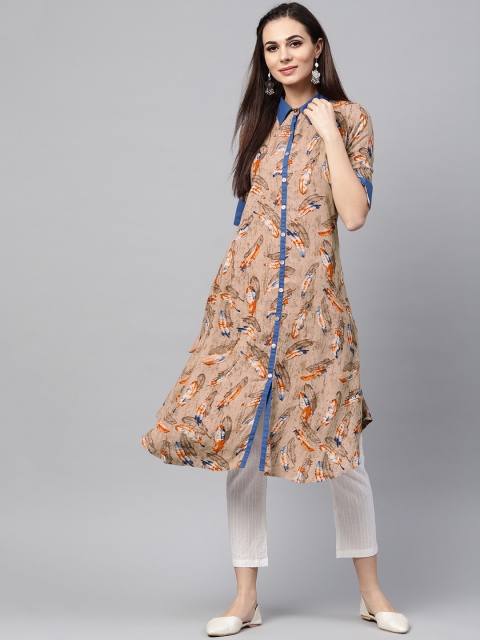 

AKS Women Beige & Rust Orange Feather Print A-Line Kurta