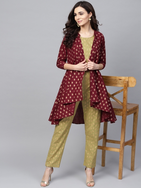 

AKS Women Green & Maroon Printed Top with Trousers