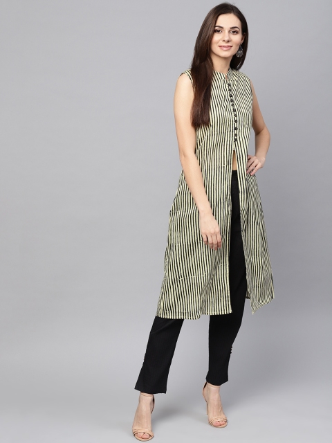 

AKS Women Cream-Coloured & Black Striped A-Line Kurta