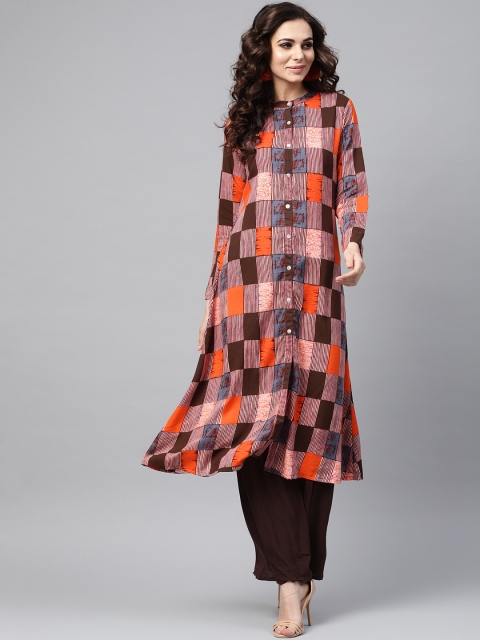 

AKS Women Brown & Orange Checked A-Line Kurta