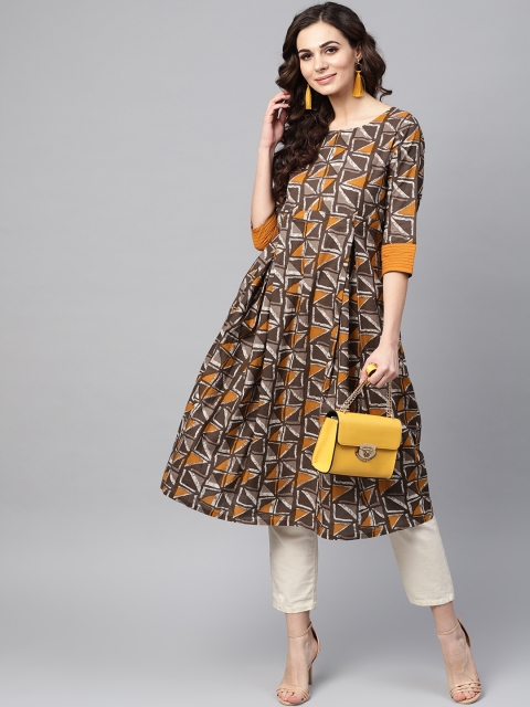 

AKS Women Brown & Mustard Yellow Block Print A-Line Kurta