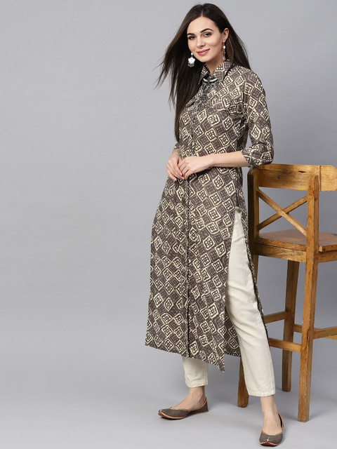 

AKS Women Grey & Off-White Printed Pathani Kurta