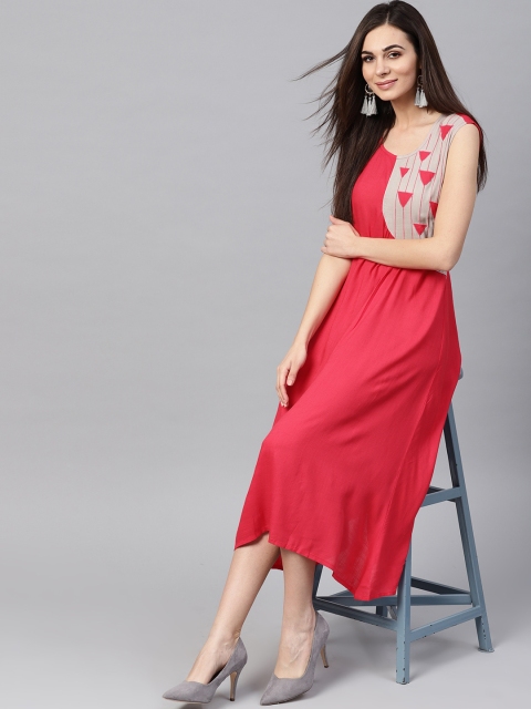 

AKS Women Pink & Beige Solid A-Line Dress with Embroidered Detail