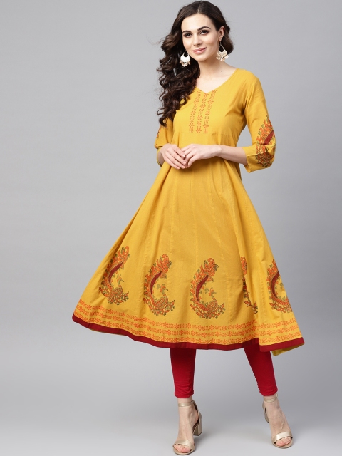 

AKS Women Mustard Yellow Block Print A-Line Kurta
