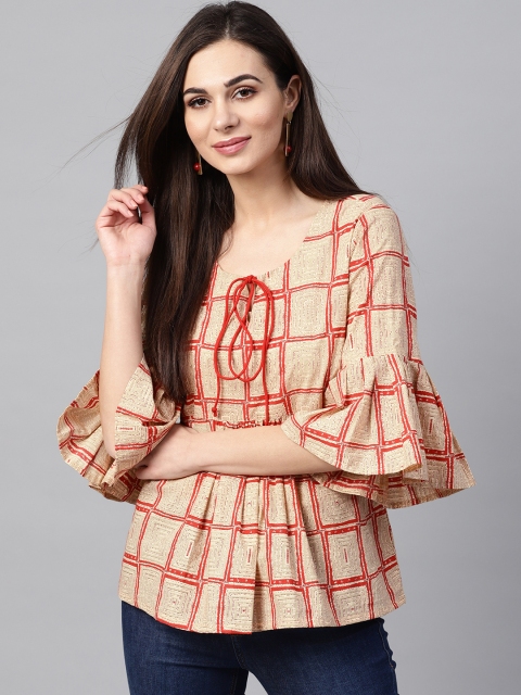 

AKS Women Beige & Red Checked Tunic