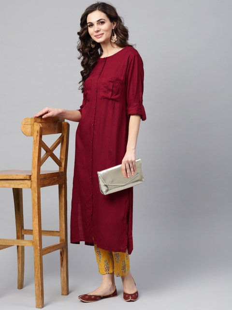 

AKS Women Maroon & Mustard Solid Kurta with Trousers