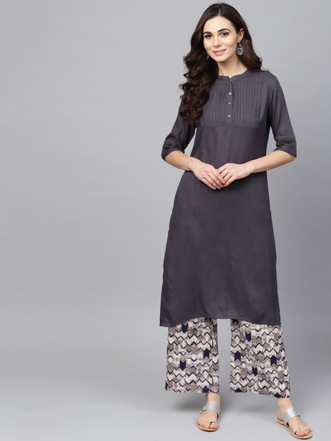 

AKS Women Charcoal Grey & Off-White Solid Kurta with Palazzos