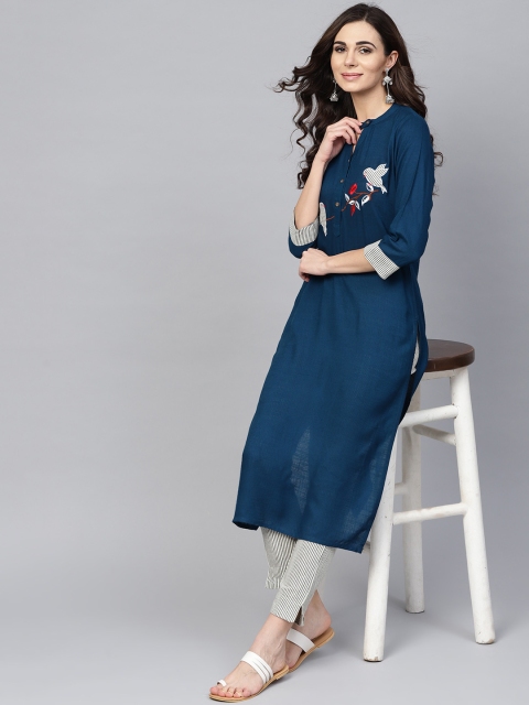 

AKS Women Navy Blue & White Yoke Design Kurta with Trousers