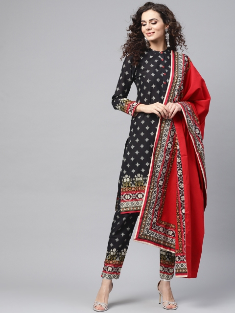 

AKS Women Black & Red Printed Kurta with Trousers & Dupatta